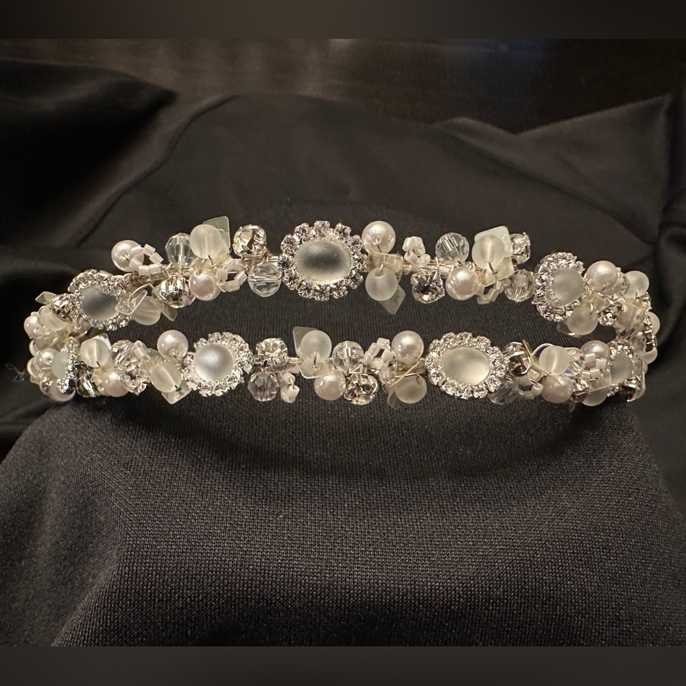 Vintage Crystal & Pearl Silver Bridal Tiara Headband - Elegant White Accents